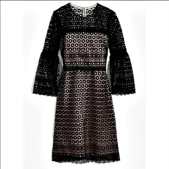 J. CREW BELL Sleeve DAISY Lace SHEATH Dress BLACK/NUDE - Picture 1 of 10